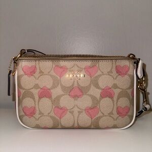 Coach Pink and Tan Heart Pattern Wristlet